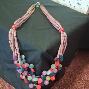 Multicolor Beaded Statement Necklace - Pink Strands with Mixed Discs